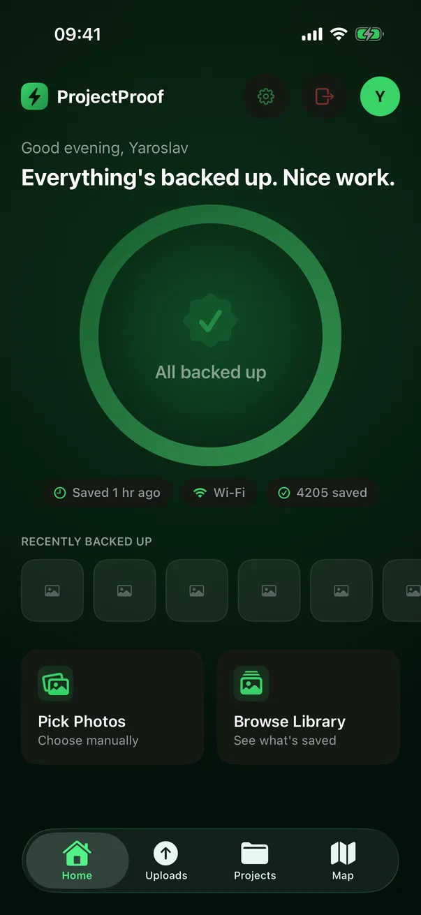 ProjectProof iOS app home screen showing an "All backed up" confirmation ring after jobsite photos were saved.