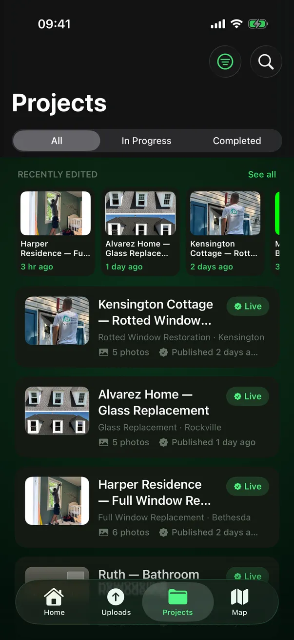 ProjectProof iOS app projects list showing window replacement, glass replacement, and window restoration jobs with live status badges and jobsite photos.