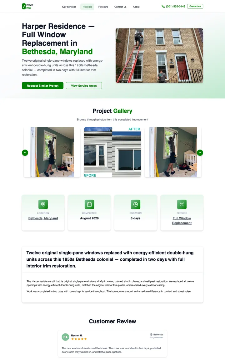 Published project page on a contractor website: full window replacement in Bethesda with a photo gallery, project stats, description, and a five-star customer review.