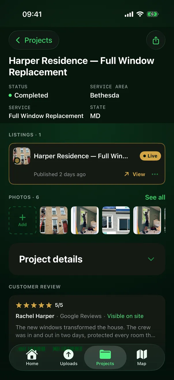 ProjectProof iOS app project detail screen for a full window replacement with a published live listing, customer review, and photo gallery.